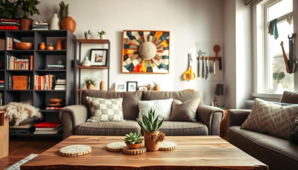 A cozy and inviting living space showcasing low-budget decor ideas. In the foreground, a beautifully arranged coffee table made from reclaimed wood, adorned with a small succulent plant and handmade coasters. In the middle, a stylish bookshelf filled with colorful books, decorative items like thrifted vases, and framed photos. Behind, a well-lit wall featuring DIY art made from fabric scraps, and a wall-mounted pegboard holding essential tools and craft supplies. Soft natural lighting filters in from a nearby window, creating a warm atmosphere. The overall vibe is inviting and creative, highlighting simple yet impactful decor solutions for every space.