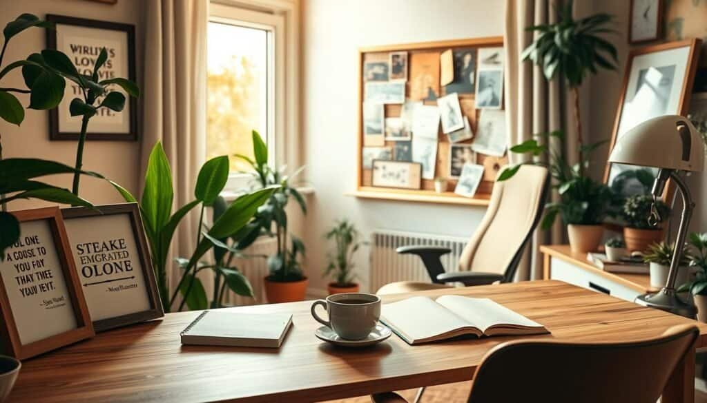 A cozy and inviting motivation corner in a home office setting. In the foreground, a small wooden desk adorned with motivational quotes framed in beautiful frames, a soft notebook, and a steaming cup of coffee. The middle ground features a comfortable ergonomic chair, surrounded by lush green plants and a motivational vision board filled with inspiring images. In the background, a well-lit window allowing warm, natural sunlight to stream in, illuminating the space. The color palette is soothing and earthy, with soft greens, warm browns, and hints of light blue to promote tranquility. The mood is uplifting and serene, perfect for fostering creativity and focus. The scene captures the essence of a dedicated space meant for motivation and personal growth.