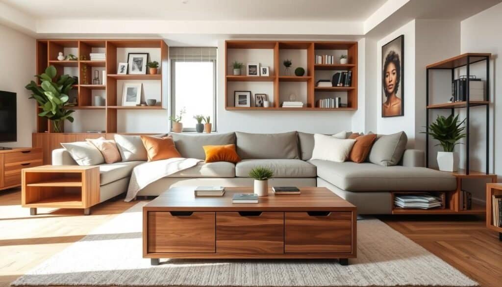 A cozy and modern living room designed for small spaces, showcasing clever storage solutions that eliminate visual clutter. In the foreground, a stylish wooden coffee table with drawers for hidden storage, surrounded by a minimalist sectional sofa with built-in shelving. The middle section features open wall shelves displaying curated decor, plants, and books, seamlessly blending functionality with aesthetics. A bright, airy window in the background lets in natural light, creating a warm atmosphere, while soft shadows enhance the textures of the furniture. Use a wide-angle lens to capture the spacious feel of the room, ensuring a focus on the innovative storage elements without any distractions.