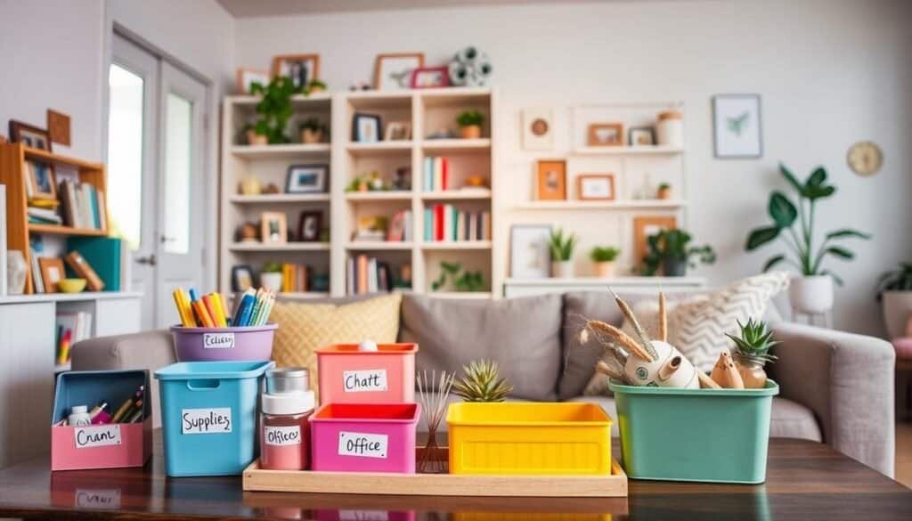 A cozy and organized dollar store DIY project setup, capturing various creative organization hacks. In the foreground, a beautifully arranged coffee table displaying colorful containers, shelves, and decorative items made from dollar store supplies. The containers are labeled with charming handwritten tags, showcasing their functional purpose, such as "Craft Supplies" and "Office Essentials." In the middle ground, a bright, inviting room filled with well-organized bookshelves adorned with cute frames and plants, all made affordable with budget-friendly finds. A soft, warm light filters through a nearby window, enhancing the cheerful atmosphere. The background features a minimalistic wall with subtle decor, creating a homey yet stylish vibe. The image captures the essence of resourceful decorating on a budget, encouraging creativity in home organization.