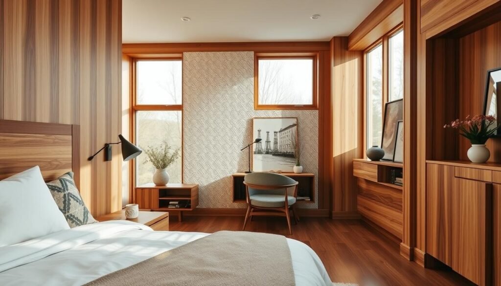 A cozy and stylish bedroom featuring a harmonious blend of wood tones. In the foreground, a chic bed dressed in soft linens and accent pillows, complemented by a sleek wooden headboard. The middle ground showcases a wooden nightstand with carefully arranged decor, like a small plant and a table lamp, set against a textured wall that hints at warm wood paneling. In the background, large windows allow soft, natural light to flood the room, illuminating the rich wood tones of a stylish dresser and accent furniture. The scene exudes a calm and inviting atmosphere, emphasizing the beauty of mixing different wood finishes to create a cohesive and tranquil space. The angle captures the depth of the room, enhancing the feeling of warmth and comfort.