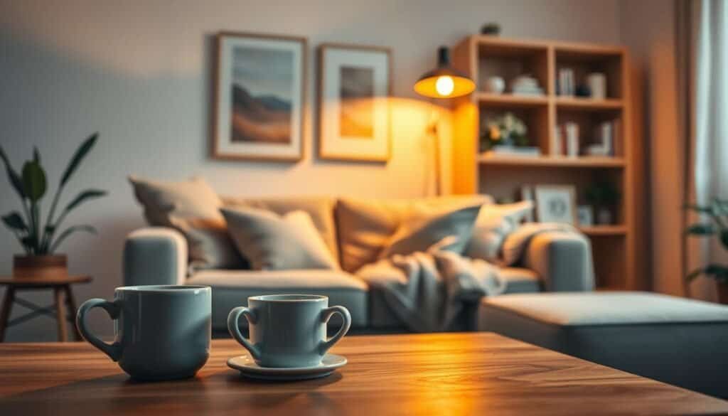 A cozy apartment interior adorned with warm lighting. In the foreground, a wooden coffee table is set with a steaming mug and a small potted plant. The middle layer features a plush sofa with soft cushions, draped in a knitted throw. A soft, golden light spills from a stylish floor lamp, casting inviting shadows and creating a warm ambience. In the background, gentle pastel wall art hangs on light-colored walls, and a bookshelf filled with books and decorative items complements the scene. The overall atmosphere exudes comfort and tranquility, with a slight bokeh effect to emphasize the warm glow of the lighting, suggesting a welcoming retreat perfect for relaxation.