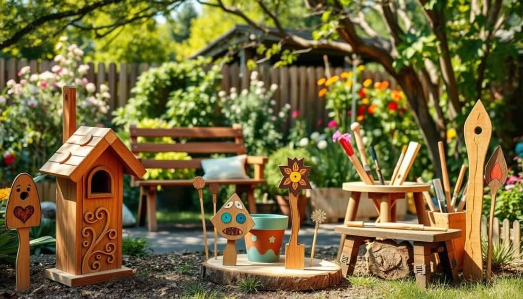 A cozy backyard scene featuring beautifully crafted DIY garden decorations made from warm, natural wood. In the foreground, display a handcrafted wooden birdhouse with intricate carvings, surrounded by charming wooden garden stakes adorned with colorful painted designs. In the middle ground, showcase a rustic wooden bench and a vibrant flower pot next to a small wooden table holding various gardening tools, including a saw, hammer, and paintbrushes. In the background, depict a lush garden filled with blooming flowers and greenery, with soft sunlight filtering through tree branches, casting gentle shadows. The atmosphere should feel inviting and creative, highlighting the appeal of outdoor wood projects. Use a warm color palette to evoke a sense of comfort and tranquility. The photo should be shot at eye level with a shallow depth of field to focus on the details of the wooden decorations.