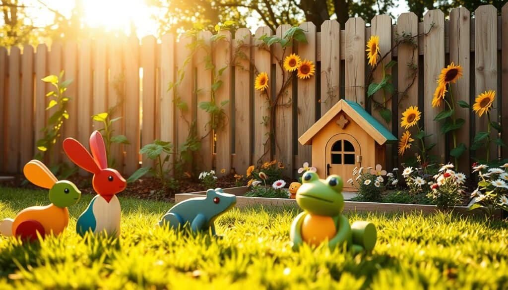 A cozy backyard scene featuring whimsical wooden accents designed for kids. In the foreground, showcase colorful, hand-carved wooden animals like a playful bunny and a cheerful frog, surrounded by a soft patch of grass. In the middle ground, display a charming wooden fairy house nestled among flower beds with blooming wildflowers, radiating a sense of magic and adventure. The background should feature a gentle wooden fence, adorned with climbing vines and sunflowers reaching towards the bright, sunny sky. The lighting is warm and golden, reminiscent of late afternoon sunlight filtering through the trees, creating a serene and inviting atmosphere. The overall mood is playful and enchanting, perfect for family-friendly outdoor spaces, evoking a sense of connection with nature. No text or additional elements are present.