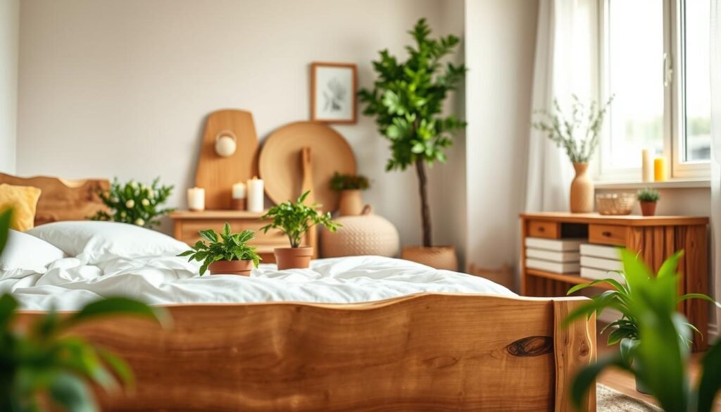 A cozy bedroom aesthetic featuring a natural wood accent piece, such as a handcrafted wooden bed frame or a rustic nightstand. In the foreground, soft white linens contrast against the rich grain of the wood, adorned with lush greenery from potted plants. The middle ground showcases a warm, inviting color palette with pastel walls, a textured rug, and minimalist décor elements like simple wall art and candles. The background reveals a window letting in soft, natural light, creating a serene atmosphere. Use a warm lighting setup and a slight depth of field to emphasize the wood details while keeping the overall composition balanced and inviting. The mood is tranquil and harmonious, inviting feelings of comfort and relaxation.