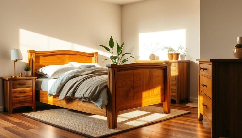 A cozy bedroom featuring beautifully crafted wooden furniture, including a spacious, warm-toned wooden bed frame with plush bedding, a rustic nightstand holding a small potted plant, and a matching dresser against the wall. Soft, natural light streams through a nearby window, casting gentle shadows that highlight the intricate wood grain and textures. The walls are painted in soft, neutral tones, complemented by a calming area rug beneath the bed. In the background, a light-drenched corner with plants adds a touch of nature, creating an inviting atmosphere. The scene captures a serene and welcoming ambiance, perfect for a peaceful sanctuary.
