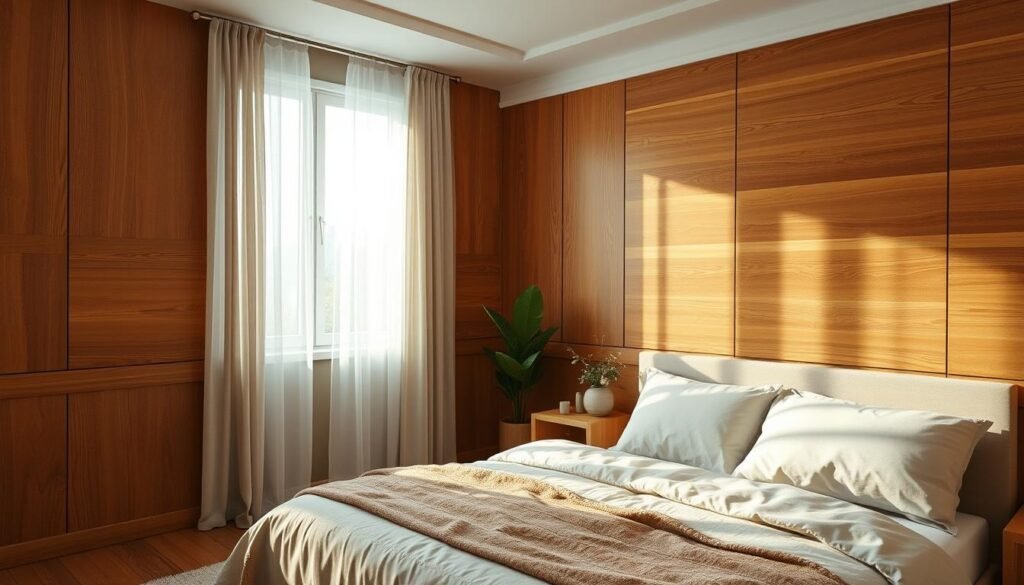 A cozy bedroom featuring beautifully crafted wooden wall treatments, showcasing natural wood textures in warm shades of oak and pine. In the foreground, elegant wooden paneling with intricate grain patterns catches soft, diffused sunlight filtering through sheer curtains. The middle includes a stylish bed adorned with fluffy, neutral-colored linens that complement the wooden elements. In the background, subtle greenery peeks through from decorative indoor plants that add freshness to the scene. The lighting is soft and inviting, reminiscent of a serene late afternoon glow, creating a peaceful atmosphere. The camera angle is slightly elevated, capturing the entire room in a wide shot to emphasize the revitalizing effect of the wooden treatments on the overall space. Realistic home décor and woodworking photos. No overlays, logos, watermarks, or promotional text.