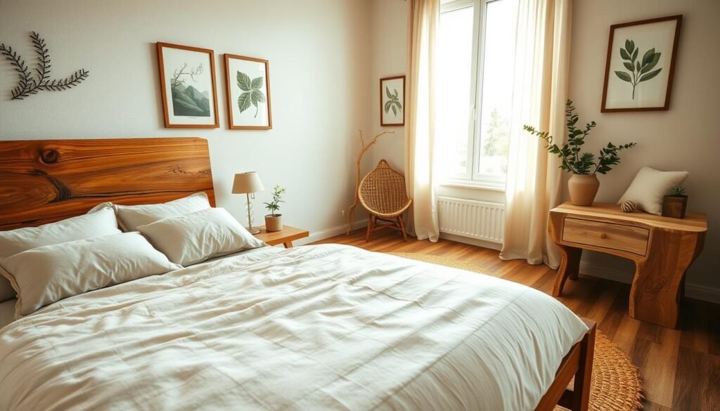 A cozy bedroom featuring eco-friendly home decor focused on natural wood elements. In the foreground, a beautifully crafted wooden bed frame made from reclaimed wood, adorned with soft, organic cotton linens in earthy tones. A handcrafted nightstand, showcasing unique wood grain patterns, holds a small potted plant and a soothing candle. In the middle, a warm area rug made from natural fibers complements the wood accents. The walls are painted in soft, neutral colors, with framed nature-inspired art. The background includes a large window allowing soft, natural light to flood the space, creating a tranquil atmosphere. Capture this scene with a warm light, using a wide-angle lens for a spacious feel, evoking serenity and harmony with nature.