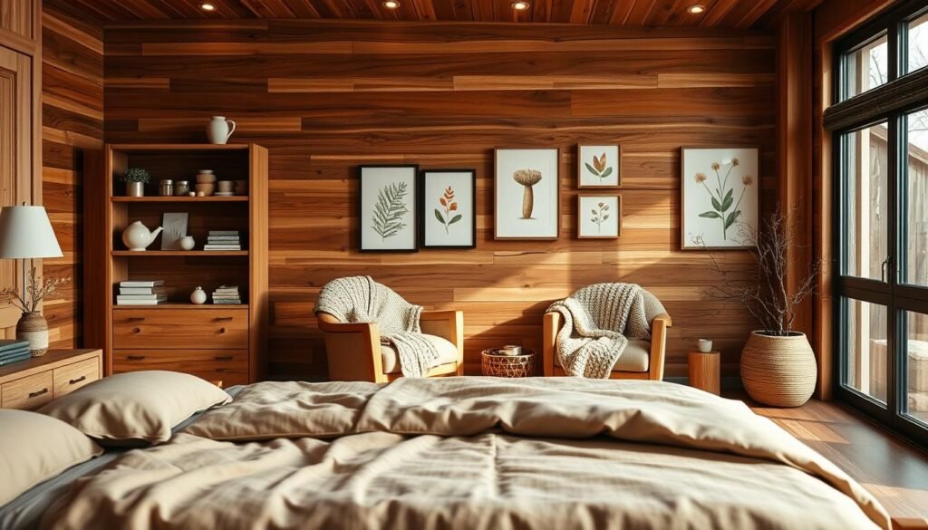 A cozy bedroom featuring innovative wood accent designs, showcasing a harmonious blend of modern and rustic aesthetics. In the foreground, a beautifully crafted wooden bed frame with soft, inviting bedding in earthy tones. The middle ground features a snug reading nook with a wooden bookshelf filled with seasonal decor items and a knitted throw blanket draped over a comfy chair. The background showcases a wooden accent wall adorned with framed botanical prints, and large windows allowing warm, natural sunlight to fill the room, creating a serene atmosphere. The soft, diffused lighting enhances the warm wooden textures, evoking a sense of tranquility and freshness. Focus on depth and inviting warmth, emphasizing the seasonal charm that wood accents bring to the space.