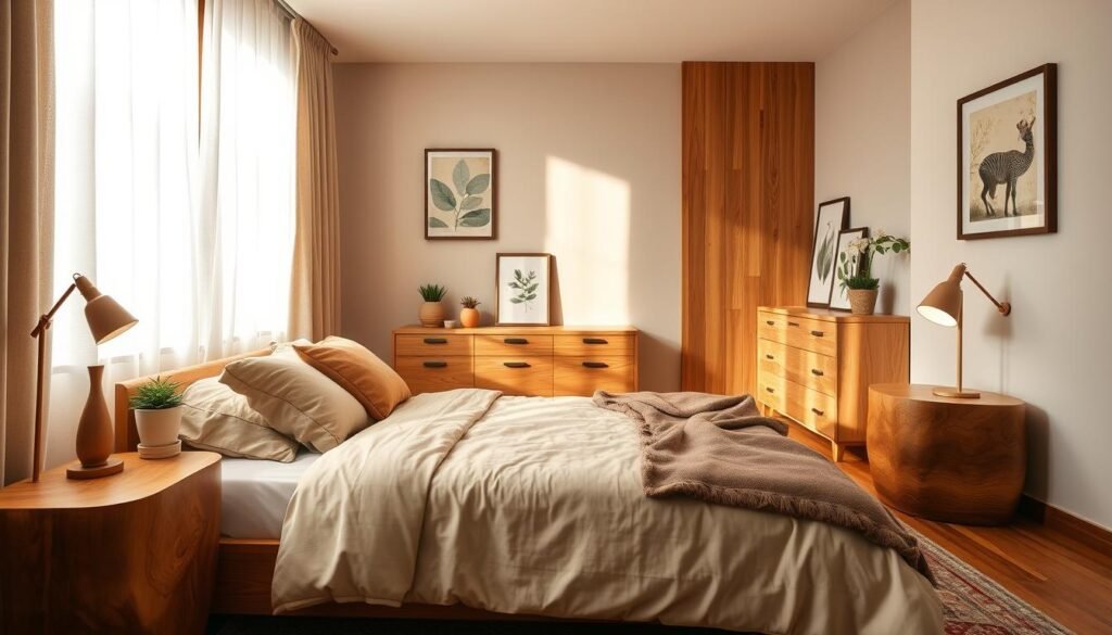 A cozy bedroom featuring warm wood accents, with natural light filtering gently through sheer, white curtains. In the foreground, a neatly made bed with soft, earthy-toned linens and plush throw pillows invites relaxation. Unique wooden nightstands with intricate grain patterns hold small potted plants and stylish lamps. In the middle, a warm-toned rug complements wooden flooring, and a simple wooden dresser is adorned with framed art featuring nature themes. The background showcases muted wall colors emphasizing the wooden features, creating a serene atmosphere. Soft, ambient lighting enhances the inviting, tranquil feel of the space. Capture this scene with a warm, welcoming lens effect to highlight the comfort and charm of the room.