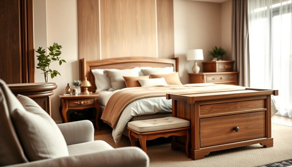 A cozy bedroom interior featuring elegant wooden accent furniture, including a stylish nightstand with intricate carvings, a rustic bench at the foot of the bed, and a charming wooden storage solution. The furniture should showcase warm tones of oak and walnut, with soft textures contrasting against plush linens. In the foreground, the nightstand is adorned with a small plant and a decorative lamp, while the bench is tastefully placed between the bed and a window. The middle ground reveals a beautifully made bed with warm bedding, and the background captures soft, diffused natural light filtering through sheer curtains. Choose a soft-focus lens effect to enhance the inviting atmosphere. The overall mood should evoke comfort and relaxation, perfect for a peaceful retreat. No text or watermarks present. A cozy bedroom interior featuring elegant wooden accent furniture, including a stylish nightstand with intricate carvings, a rustic bench at the foot of the bed, and a charming wooden storage solution. The furniture should showcase warm tones of oak and walnut, with soft textures contrasting against plush linens. In the foreground, the nightstand is adorned with a small plant and a decorative lamp, while the bench is tastefully placed between the bed and a window. The middle ground reveals a beautifully made bed with warm bedding, and the background captures soft, diffused natural light filtering through sheer curtains. Choose a soft-focus lens effect to enhance the inviting atmosphere. The overall mood should evoke comfort and relaxation, perfect for a peaceful retreat. No text or watermarks present.