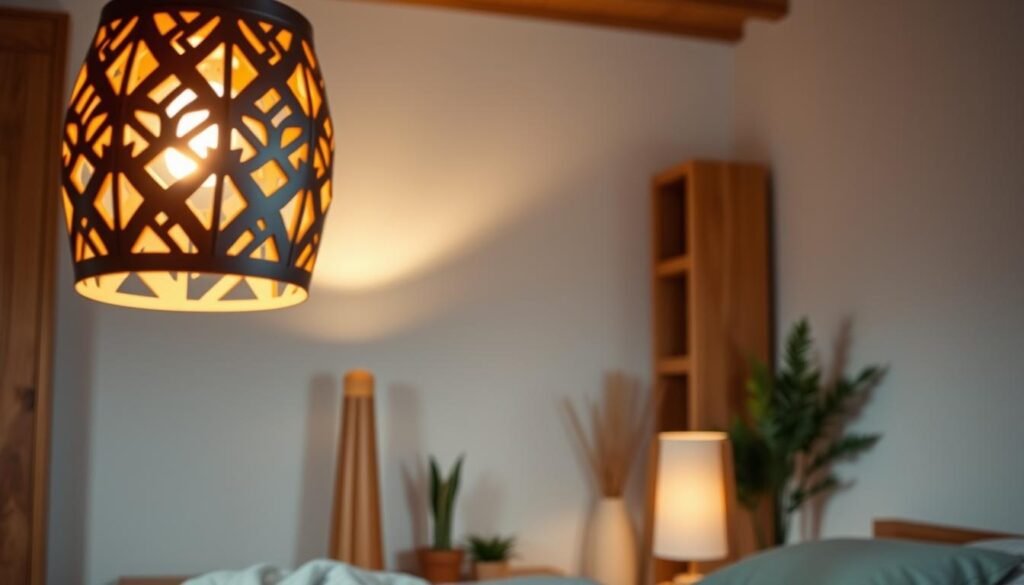 A cozy bedroom scene featuring elegant wooden lighting fixtures, beautifully crafted from rich mahogany and light oak. In the foreground, a pendant light with an intricate geometric wood pattern casts a warm, inviting glow. In the middle background, a stylish floor lamp complements the pendant, showcasing a smooth, tapered wooden base and a soft fabric shade. The room is softly illuminated with ambient lighting, creating a serene atmosphere. Natural elements like potted plants and wood accents enhance the calming vibe. Soft shadows dance on the walls, emphasizing the textures of the wood. The camera angle is slightly tilted, capturing an inviting view across the room, bringing a sense of warmth and tranquility reminiscent of a peaceful night at home.