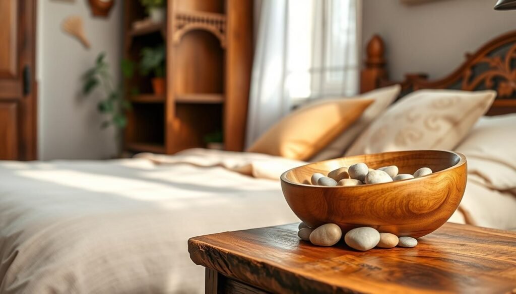 A cozy bedroom scene featuring small wooden accents that enhance its natural feel. In the foreground, a handcrafted wooden bowl filled with smooth pebbles rests on a rustic bedside table, showcasing its fine grain and warm tones. The middle ground displays a soft beige bedspread, complemented by a few decorative pillows that echo earthy hues. In the background, a wooden bookshelf with delicate carvings holds a few green plants, creating a refreshing contrast with the wood. Gentle, diffused morning light streams through a nearby window, casting soft shadows and illuminating the textures of the wood. The overall atmosphere is tranquil and inviting, embodying a serene retreat that encourages relaxation. Realistic home décor and woodworking photos. No overlays, logos, watermarks, or promotional text.