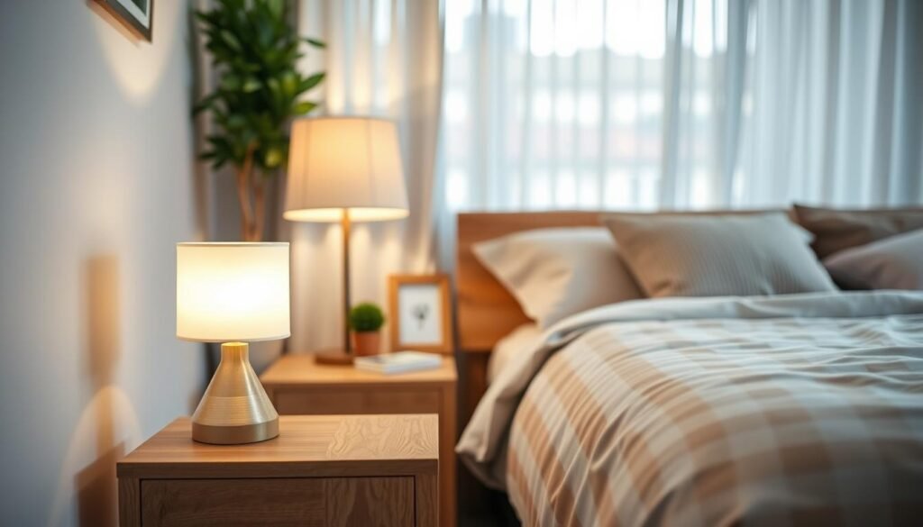 A cozy bedroom scene highlighting budget-friendly wooden accents. In the foreground, a beautifully crafted wooden nightstand made from light oak supports a softly glowing lamp with a warm hue. The middle section features a tastefully arranged bed with neutral linens and a rustic wooden headboard that adds warmth. Subtle decorative elements, like a wooden picture frame and a small potted plant, enhance the space. In the background, soft, natural light filters through sheer curtains, creating a serene atmosphere. The room's mood is calming and inviting, perfect for relaxation. Shot at a slightly elevated angle, emphasizing the textures of the wood and the inviting layout, with a shallow depth of field for a cozy effect.