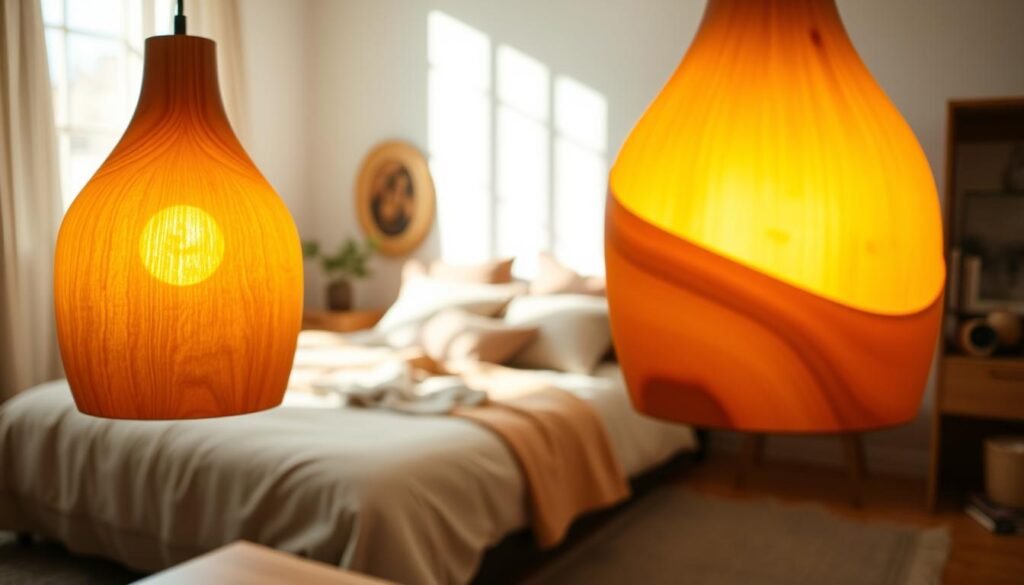 A cozy bedroom setting featuring warm wooden lighting fixtures, prominently displayed in the foreground. The fixtures, crafted from rich, textured wood with soft curves, emit a gentle glow that enhances the natural ambiance of the room. In the middle ground, a neatly made bed adorned with neutral-toned linens complements the warm wood tones. A bedside table holds a small potted plant, adding a touch of greenery. The background reveals a softly painted wall with minimalistic decor, bathed in natural light filtering through a window, creating a serene atmosphere. Soft shadows play across the scene, emphasizing the tranquility and inviting warmth of the space. The overall mood is relaxed and harmonious, ideal for an intimate, restful environment. A cozy bedroom setting featuring warm wooden lighting fixtures, prominently displayed in the foreground. The fixtures, crafted from rich, textured wood with soft curves, emit a gentle glow that enhances the natural ambiance of the room. In the middle ground, a neatly made bed adorned with neutral-toned linens complements the warm wood tones. A bedside table holds a small potted plant, adding a touch of greenery. The background reveals a softly painted wall with minimalistic decor, bathed in natural light filtering through a window, creating a serene atmosphere. Soft shadows play across the scene, emphasizing the tranquility and inviting warmth of the space. The overall mood is relaxed and harmonious, ideal for an intimate, restful environment.
