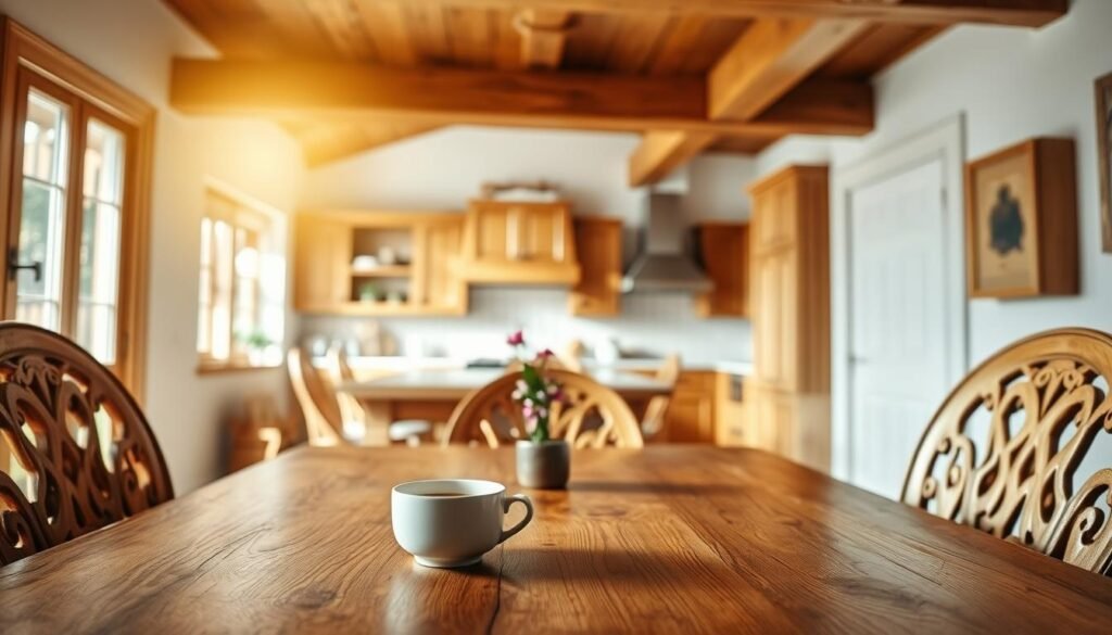 A cozy breakfast nook featuring rich wooden details, such as a beautifully crafted oak table and intricately designed wooden chairs, set against a backdrop of warm, soft lighting. The foreground showcases the serenity of a rustic setting with a steaming cup of coffee and a small vase of fresh flowers on the table. The middle ground reveals warm wooden beams overhead, with natural light filtering through a nearby window, highlighting the textures of the wood. In the background, a glimpse of a well-organized kitchen with natural wooden cabinetry can be seen. The atmosphere is inviting, tranquil, and designed to encourage lingering moments, evoking a sense of calm and comfort in the morning light.