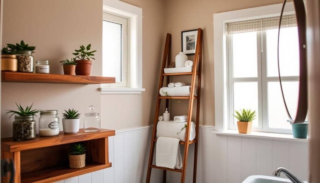 A cozy, budget-friendly bathroom featuring innovative DIY storage solutions. In the foreground, showcase wooden shelves crafted from reclaimed wood, adorned with neatly arranged jars filled with toiletries and plants for a touch of greenery. The middle ground displays a stylish ladder shelf holding rolled towels and essential bathroom items, all bathed in natural light streaming through a frosted window, creating a warm atmosphere. The background features muted pastel wall colors, a small potted plant on a windowsill, and tasteful wall art to enhance the decor. The overall mood is inviting and practical, capturing the essence of a beautifully updated bathroom space, emphasizing functionality and aesthetic appeal. The image should be shot at a slightly elevated angle to showcase the storage solutions effectively and create depth.