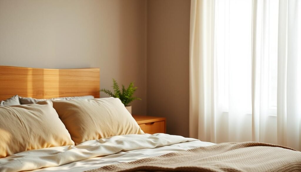 A cozy, budget-friendly bedroom featuring natural wood accents, such as a simple wooden headboard and wooden bedside table. The foreground includes a neatly made bed with soft, earth-toned bedding, accented by textured pillows and a woven throw. In the middle, a small potted plant on the nightstand adds a touch of greenery, complementing the warm wood tones. The background showcases a softly lit window draped with sheer white curtains, allowing natural light to filter in gently, creating a warm, inviting atmosphere. The scene is captured at a slight angle to emphasize the depth of the room, with a focus on inviting and relaxing decor that feels comfortable yet stylish. The overall mood is serene and harmonious, encouraging a sense of tranquility and warmth.