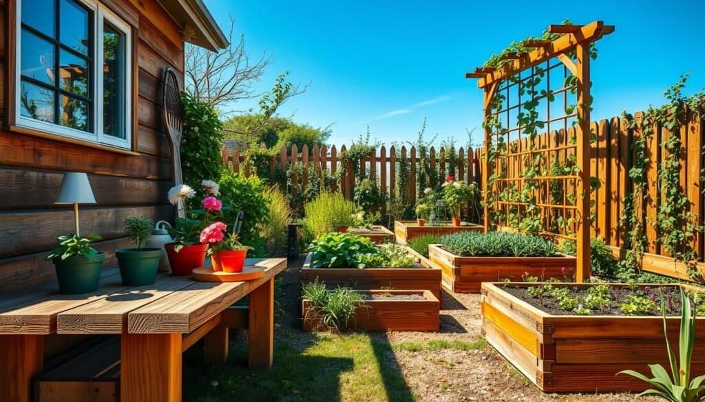 A cozy, budget-friendly garden makeover featuring natural wooden elements. In the foreground, a rustic wooden bench adorned with potted flowers and a small, handcrafted wooden table holding gardening tools. The middle layer showcases a vibrant garden with raised vegetable beds made from reclaimed wood, interspersed with colorful flower borders. The background reveals a charming wooden trellis supporting climbing vines, under a clear blue sky, casting natural sunlight that enhances the warm tones of the wood. The atmosphere is inviting and serene, encouraging creativity and outdoor engagement. Use a wide-angle perspective to capture the full scene, ensuring rich, detailed textures of the wood and lush greenery are highlighted, with soft shadows adding depth to the composition.