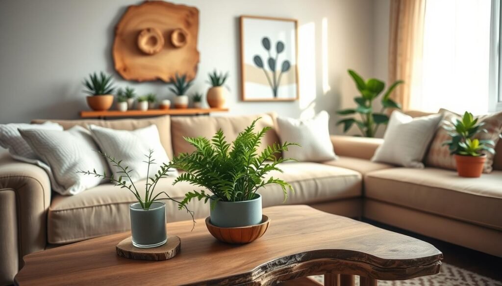 A cozy, budget-friendly living room setup featuring artificial plants strategically placed to enhance the decor. In the foreground, a small, intricately designed wooden coffee table holds a vibrant potted artificial fern and a couple of rustic coasters. In the middle, a plush sofa adorned with light, textured cushions complements a wooden shelf filled with various artificial succulents and decorative wood items, like a hand-carved bowl. The background showcases warm, natural light streaming through a window draped with sheer curtains, illuminating a minimalist wall art piece that features nature-inspired themes. The atmosphere is inviting and refreshed, creating a sense of tranquility and comfort, perfect for anyone looking to revitalize their space. The image should be captured with a slight overhead angle to highlight the layering of elements.