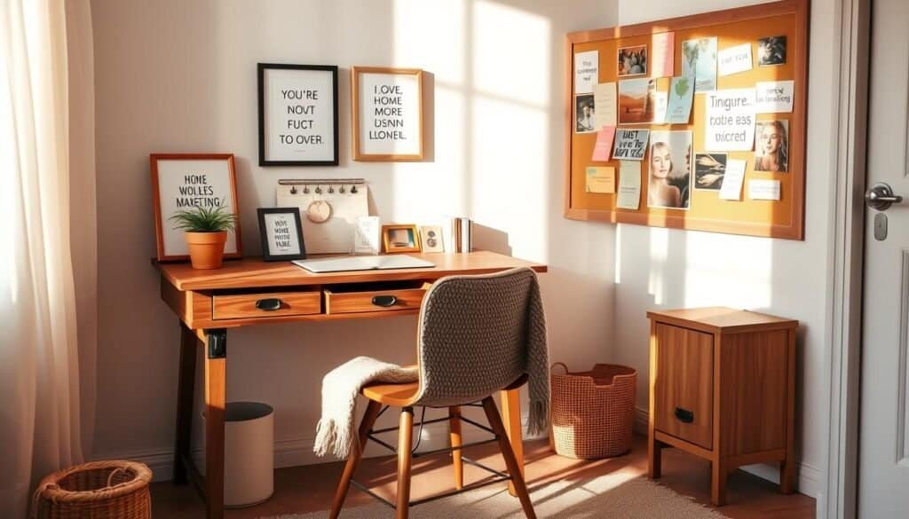 A cozy budget-friendly motivation corner within a home setting, featuring a small, rustic wooden desk adorned with motivational quotes in simple frames. A potted indoor plant adds a touch of greenery, positioned on the desk's corner. A soft, natural light streams in from a nearby window, casting gentle shadows, enhancing a warm atmosphere. On the wall behind the desk, a bulletin board displays colorful inspiration notes and images. A comfortable, modest chair sits invitingly at the desk, accented by a textured throw blanket. The background reveals a tidy, well-lit room, with calming pastel colors. The photo captures a realistic, inviting feel, ideal for a personal space dedicated to motivation and creativity. No people or texts in the image.