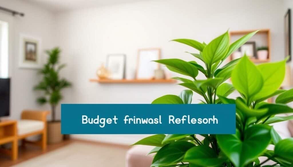 A cozy, budget-friendly room refresh with a lush green potted plant in the foreground, emphasizing vibrant leaves that add a fresh feel. In the middle, a simple, elegant wooden shelf showcases a few decorative items and minimalistic design elements. The background features a softly lit room with warm, natural light streaming through a window, highlighting neutral-colored walls and a comfortable seating area. The atmosphere is inviting and rejuvenating, perfect for a home upgrade without breaking the bank. Use a wide-angle lens to capture the inviting space, maintaining a balanced composition that feels open and airy.