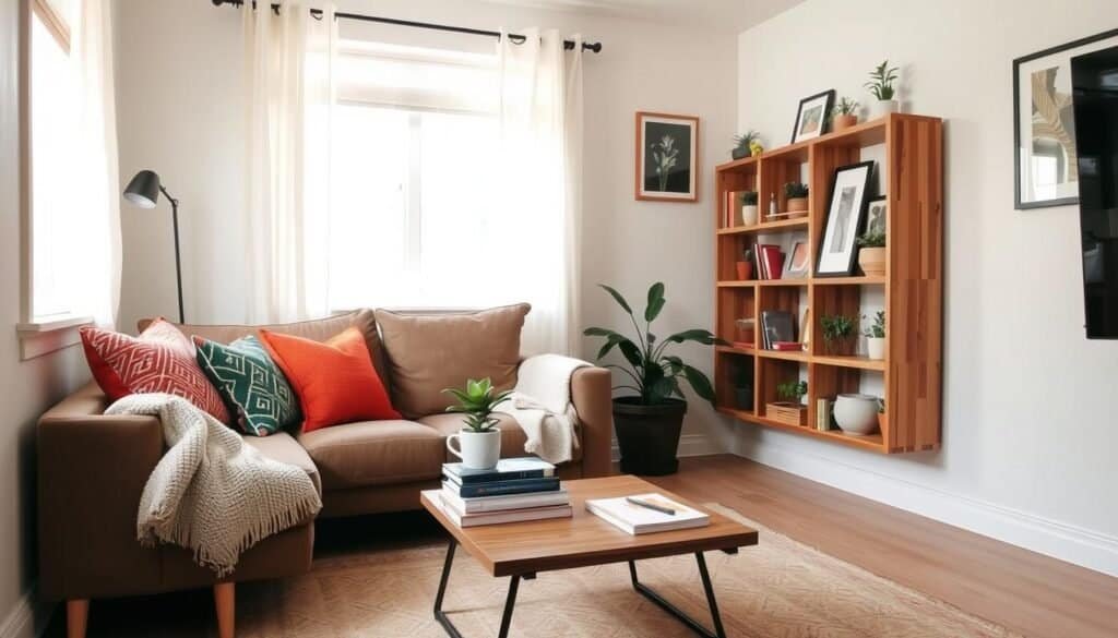 A cozy, budget-friendly small space transformation showcasing a stylish living area. In the foreground, there's a compact sofa adorned with vibrant throw pillows and a light, textured blanket, alongside a wooden coffee table with a few plants and decorative books. The middle ground features a modular shelving unit made of reclaimed wood, creatively displaying small potted plants and framed art. The background reveals a bright, airy window with sheer curtains allowing soft, natural light to flood the space, enhancing the feeling of openness. The walls are painted in light, neutral tones, with pops of color from wall art, creating an inviting atmosphere. The overall mood is warm and welcoming, perfect for showcasing practical yet stylish small space ideas.