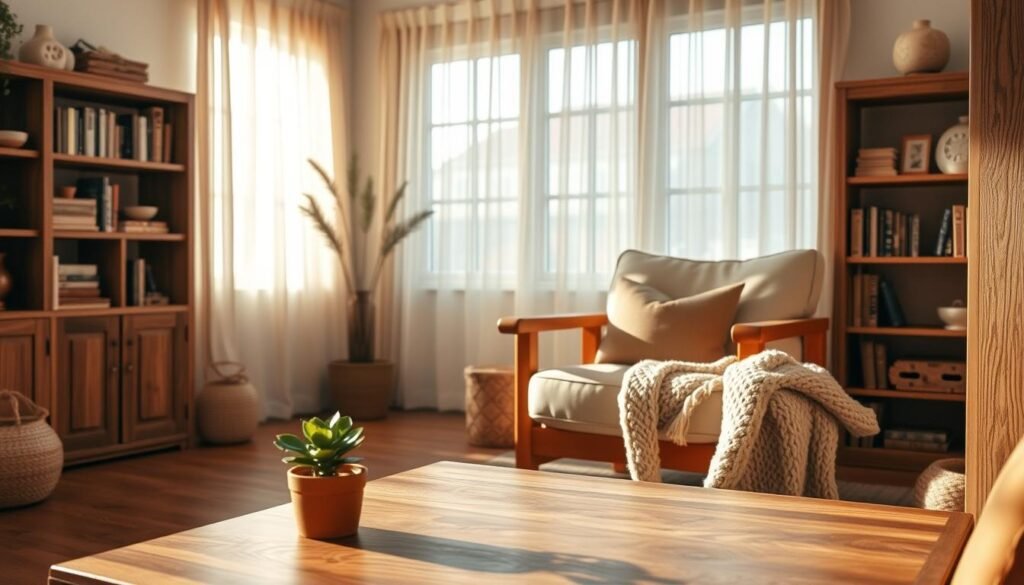 A cozy corner of a living room featuring warm wood accents to create an inviting atmosphere. In the foreground, a rustic wooden coffee table adorned with a soft, knitted throw and a small potted plant. The middle ground showcases a comfortable, plush armchair with wooden armrests, complemented by a hand-carved bookshelf filled with books and decorative items. In the background, softly lit windows draped with sheer curtains allow gentle, natural light to stream in, enhancing the warmth of the space. The overall mood is peaceful and welcoming, evoking a sense of comfort and tranquility. Use soft lighting to highlight the textures of the wood and fabrics, emphasizing the harmony and simplicity in the design.