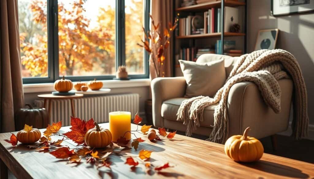 A cozy corner of a modern home featuring seasonal decor. In the foreground, a wooden coffee table adorned with autumn leaves, small pumpkins, and a few scented candles. In the middle, a plush armchair draped with a warm knit blanket, beside a stylish bookshelf filled with seasonal books and decorative items like pinecones and fairy lights. In the background, a window showcasing a view of colorful fall foliage, with soft sunlight streaming in, creating a warm and inviting atmosphere. The scene is captured in bright, natural light, with a shallow depth of field that beautifully blurs the background, while focusing on the inviting decor. The overall mood is creative, inspiring, and refreshingly seasonal, perfect for a motivational space.