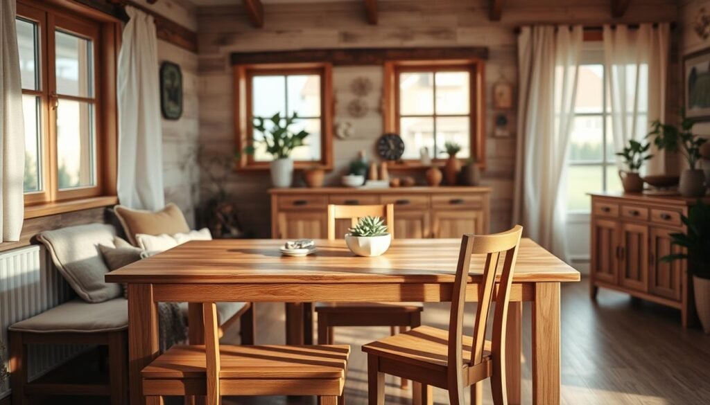 A cozy dining area featuring budget-friendly wooden elements, including a rustic wooden dining table with a natural finish and a couple of sleek, minimalist wooden chairs. In the foreground, a small wooden bench adorned with cushions adds warmth. The middle ground showcases a simple wooden sideboard with decorative plants and kitchenware. The background should include softly lit windows draped with light fabric that enhances the inviting ambiance. The lighting is warm and natural, creating a serene atmosphere. The angle should be slightly elevated to capture the entirety of the dining space, emphasizing the wooden textures and inviting comfort of the room. The overall mood is homely and relaxed, ideal for a budget-conscious décor theme.