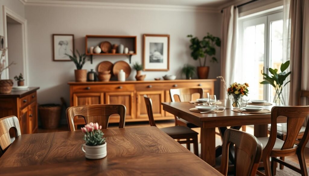 A cozy dining room featuring elegant wooden furniture, including a rustic dining table with intricate grain patterns surrounded by matching chairs. In the foreground, a softly set dining table with subtle tableware and a small vase of fresh flowers. The middle of the room showcases warm wood tones: a wooden sideboard displaying decorative kitchenware and a woven basket. The background displays a large window letting in natural light, enhancing the inviting atmosphere. Soft, ambient lighting creates a warm glow, highlighting the textures of the wood and textiles. The room is decorated with minimalist art and indoor plants, conveying a soothing, intimate environment perfect for family gatherings or quiet dinners. The scene is captured from a slightly elevated angle to encapsulate the entire inviting dining space.