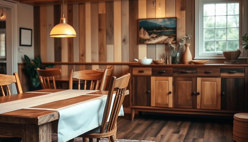 A cozy dining space featuring a harmonious mix of wooden tones. In the foreground, a rustic oak dining table is adorned with a simple white tablecloth, accompanied by mismatched wooden chairs in shades of walnut and light pine. The middle ground reveals an inviting atmosphere with a sideboard showcasing an elegant blend of various wood finishes, including mahogany and cherry. Background elements include warm, ambient lighting from pendant lamps with soft, golden hues, enhancing the richness of the wood tones. A large window lets in natural light, illuminating the textures and grains of the wood. The overall mood is warm and inviting, perfect for family gatherings or intimate dinners. The scene should convey a sense of comfort and style.