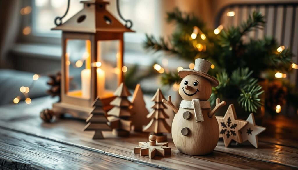 A cozy display of seasonal wooden decorations arranged on a rustic table. In the foreground, showcase a hand-carved wooden snowman with a cheerful expression, surrounded by small, intricately painted wooden ornaments shaped like Christmas trees and stars. The middle layer features a warm, softly lit lantern casting gentle shadows, evoking a welcoming atmosphere. In the background, include a few pine branches and twinkling fairy lights to enhance the seasonal feel. The image should convey a sense of warmth and creativity, with a focus on craftsmanship and inviting home décor. The lighting should be warm and soft, simulating a late afternoon glow, with a shallow depth of field to highlight the decorations while gently blurring the background.
