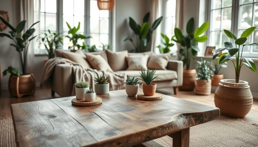 A cozy eco-friendly living space featuring sustainable home decor elements. In the foreground, a reclaimed wooden coffee table adorned with potted plants and natural fiber coasters. The middle ground showcases a comfortable sofa draped with organic cotton throws, complemented by cushions made from recycled materials. A subtly patterned rug made of jute adds warmth beneath. In the background, large windows allow soft, diffused daylight to illuminate the space, highlighting green indoor plants that promote air purity. The atmosphere is serene and inviting, created with warm earth tones and minimalist design. Use a wide-angle lens to capture the full ambiance, emphasizing a harmonious blend of nature and comfort in this tranquil retreat.