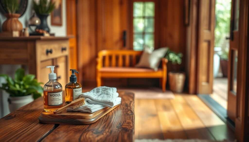 A cozy entryway adorned with elegant wood elements, showcasing various care items like wood oil, soft cloths, and a small brush neatly placed on a rustic wooden table. In the foreground, a beautifully crafted wooden console table with a natural finish and intricate grain detail. The middle ground features a warm-toned wooden bench with a plush cushion, inviting and ready for use. In the background, softly blurred greenery visible through a window adds a serene touch. Warm, diffused lighting floods the scene, creating a welcoming atmosphere, while a slight depth of field focuses the viewer's attention on the care items and the texture of the wood. The overall mood evokes tranquility and warmth, highlighting the beauty of well-maintained wood details in home décor.