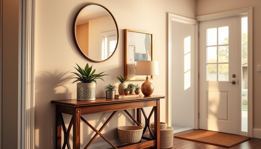 A cozy entryway featuring a beautifully styled wood accent table with a rich, dark wood finish, set against a soft, neutral wall. In the foreground, the table is adorned with an elegant round mirror above it, reflecting warm ambient lighting that enhances the inviting atmosphere. A piece of modern abstract art hangs on the wall beside the accent table, adding a splash of color and personality. In the middle ground, decorative accessories like small potted plants and a tasteful lamp create an inviting vignette. The scene is softly lit with golden-hour sunlight spilling through a nearby window, casting gentle shadows and creating a warm, welcoming mood. Capture this composition from a slightly elevated angle, emphasizing the textures and layers of the décor.