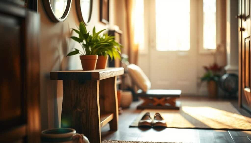 A cozy entryway featuring a small wood accent piece, such as a rustic console table or a decorative bench, situated in the foreground. The middle ground showcases inviting decor, including a potted plant and stylish shoes neatly arranged below. In the background, warm ambient lighting filters through a nearby window, casting soft shadows that enhance the textures of the wooden accent and surrounding décor. Use a shallow depth of field to blur the edges slightly, focusing on the wood accent while creating a welcoming atmosphere. The colors are warm and earthy, with rich browns and soft greens, evoking comfort and liveliness in a traditionally cool space. The overall mood is inviting and rejuvenating, ideal for an entryway transformation.