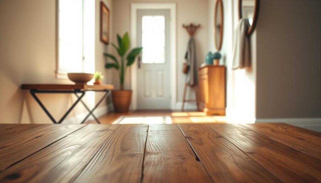 A cozy entryway featuring a warm wood accent table against a soft, neutral-colored walls, adorned with a small potted plant and a decorative bowl. In the foreground, the focus is on the wooden texture of the table, showcasing its rich grain and finish. In the middle, the entryway is illuminated by natural light from a nearby window, casting gentle shadows that enhance the warmth of the wood. In the background, a stylish coat rack and a vintage mirror reflect the inviting atmosphere. The overall scene conveys a sense of comfort and transformation, inviting visitors to step into a warm and welcoming space. The composition is captured from a slight angle, using a soft focus to emphasize the central elements.