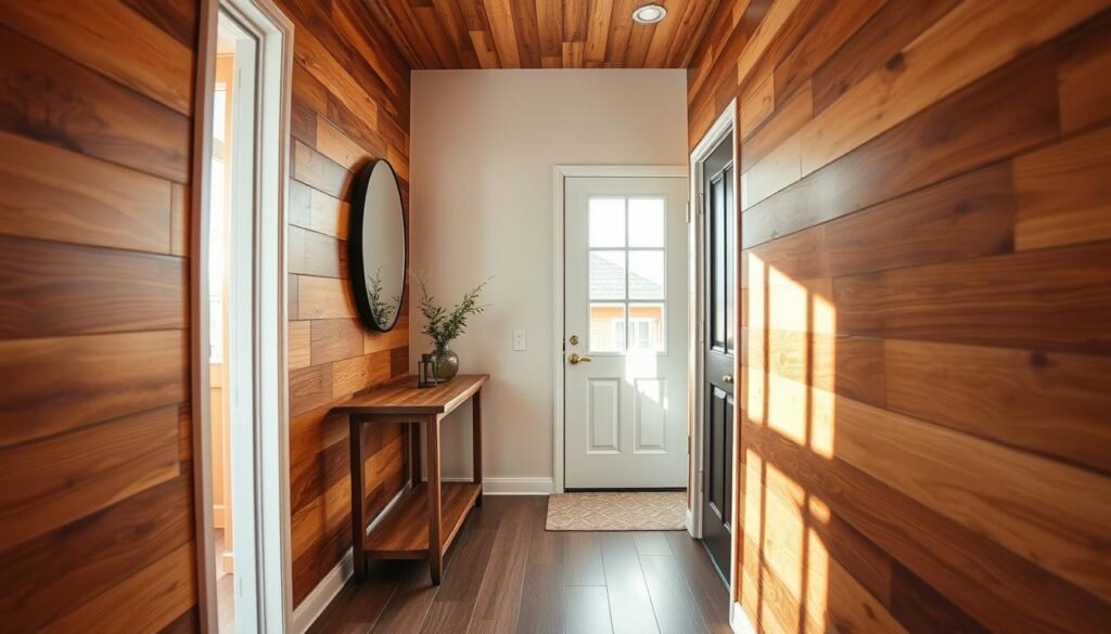 A cozy entryway featuring warm wood wall treatments that create an inviting atmosphere. In the foreground, a beautifully textured wood panel accent wall, showcasing rich grains and warm tones, enhances the space. The middle ground includes a simple, elegant console table made of reclaimed wood, with a small potted plant and a stylish lamp. In the background, soft natural light streams in through a nearby window, casting gentle shadows and adding warmth to the scene. The overall mood is welcoming and comforting, perfect for a home entrance. Use a slight fisheye lens angle to emphasize the depth of the entryway, ensuring the focus is on the wood textures and warm colors.