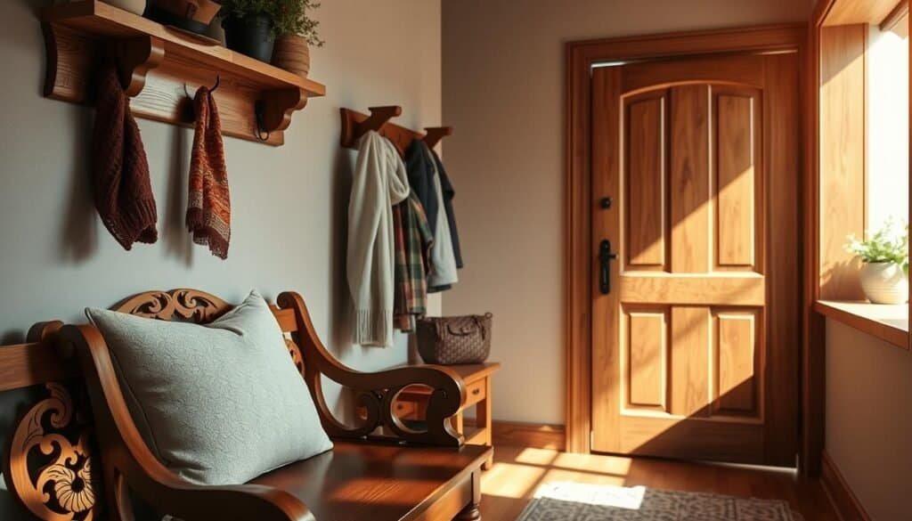 A cozy entryway showcasing beautifully crafted wooden elements that evoke warmth and welcome. In the foreground, a handcrafted wooden bench with intricate carvings, adorned with a soft, neutral cushion. The middle ground features a wooden coat rack with stylish hooks, hanging tasteful scarves and hats, illuminated by soft, natural light from a nearby window. In the background, a rustic wooden door with a rich, warm hue and subtle grain texture opens into a softly lit hallway. The atmosphere is inviting and homely, with gentle shadows adding depth to the scene. Captured with a wide-angle lens to emphasize spaciousness, the overall mood is serene and comforting, perfect for creating a warm and welcoming entryway.