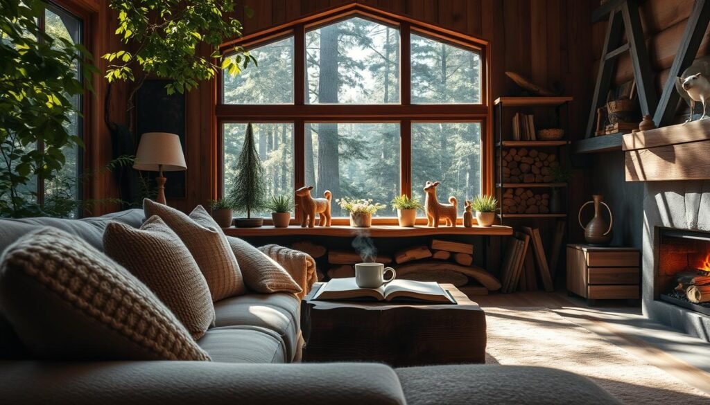 A cozy forest living room featuring a warm, rustic ambiance. In the foreground, a plush sofa adorned with soft, knitted blankets and pillows in earthy tones. A handmade wooden coffee table sits with a steaming mug and an open book. In the middle, a large window framed by green foliage captures dappled sunlight filtering through the trees, casting gentle shadows. Shelves made of reclaimed wood display small potted plants and wooden decor accessories, such as carved animals and natural sculptures, enhancing the wooden theme. In the background, soft, warm lighting creates an inviting atmosphere, while a log fireplace adds a sense of comfort and warmth. The overall mood is serene and inviting, perfect for relaxation.