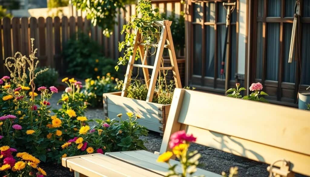 A cozy garden scene showcasing a budget-friendly makeover with practical wooden structures. In the foreground, a rustic wooden bench painted in a soft pastel color invites relaxation, set amidst vibrant flower beds bursting with colors like yellow, purple, and pink. The middle ground features a small wooden trellis supporting climbing plants, creating a distinct vertical element, while a simple wooden planter box filled with herbs adds functionality. In the background, a softly blurred view of a wooden fence and a few well-placed garden tools enhances the atmosphere, suggesting a lived-in charm. The lighting is warm and golden, indicative of late afternoon sunlight, casting gentle shadows and creating a serene, inviting mood within the garden space.