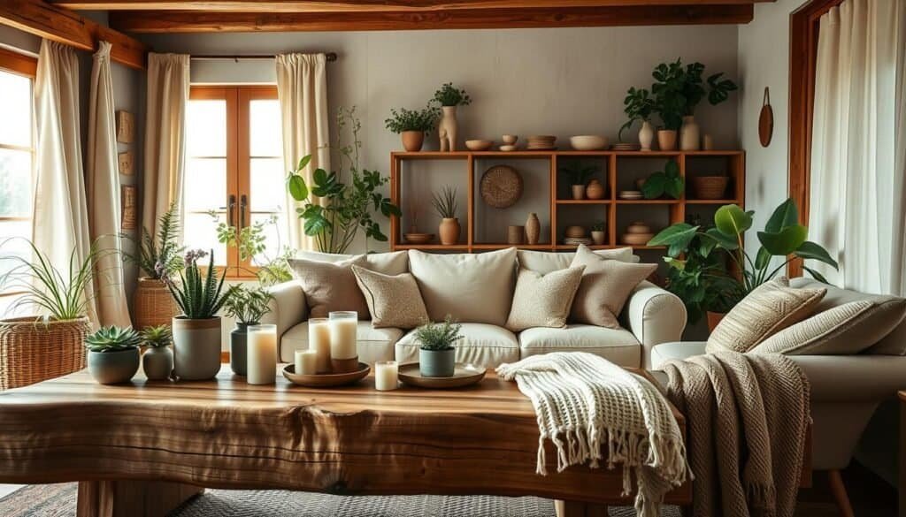 A cozy home interior featuring natural design elements, showcasing a warm, inviting atmosphere. In the foreground, a large, rustic wooden coffee table topped with potted plants, candles, and textured throw blankets. The middle section reveals a plush, neutral-toned sofa adorned with cushions made from natural fibers, positioned beside a large window that allows soft, diffused sunlight to stream in. The background features a minimalist bookshelf filled with lush greenery and handmade pottery, creating depth and warmth. The room is styled with wooden beams and earth-toned walls accented by soft linen curtains, all designed to evoke a sense of serenity and comfort. The composition captures a tranquil, lived-in feel, inviting viewers to imagine themselves in this harmonious space.