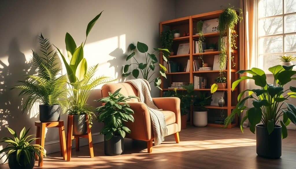 A cozy indoor corner featuring a variety of vibrant indoor plants, including lush ferns, a tall snake plant, and a cascading pothos. In the foreground, a beautiful wooden plant stand displays these plants, casting soft shadows on the surface below. The middle ground showcases a stylish armchair upholstered in earthy tones, draped with a knitted throw, creating an inviting atmosphere. Sunlight streams in through a large window, illuminating the scene with a warm golden hue, highlighting the rich greens of the foliage. In the background, a contemporary bookshelf filled with books and decorative items enhances the indoor setting. The image exudes a serene, tranquil vibe, emphasizing the transformative power of plants in enhancing the beauty and ambiance of any space.