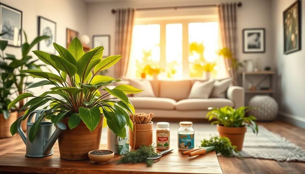 A cozy indoor scene featuring a bright and inviting living room filled with lush greenery. In the foreground, a beautiful potted plant with broad, vibrant leaves is placed on a wooden coffee table surrounded by gardening tools, such as a watering can, plant food, and a small pruning shear, emphasizing the theme of plant care. The middle background showcases a comfortable sofa with soft cushions and a large window letting in warm, natural sunlight that enhances the plant's colors and creates a serene atmosphere. The walls are adorned with calming artwork, and soft rugs are spread across a wooden floor, adding warmth. The overall mood is tranquil, encouraging a sense of rejuvenation and energy. Use soft lighting to create a harmonious feel, with a focus on depth of field to highlight the foreground plant care essentials.