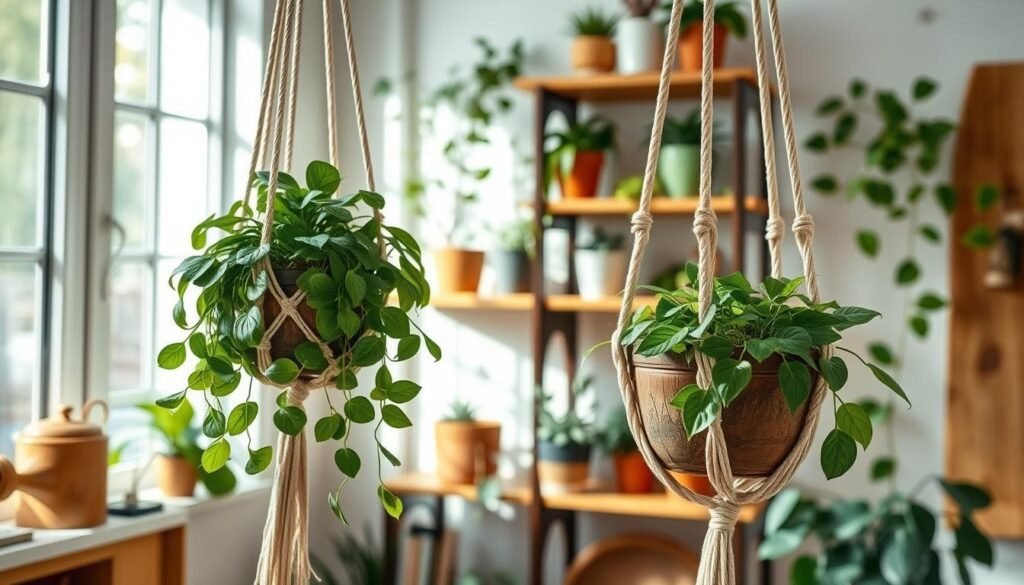 A cozy indoor scene featuring a stylish DIY plant hanger crafted from warm, natural wood. In the foreground, a beautifully macramé plant hanger holds a lush green pothos plant, its vibrant leaves cascading gracefully. In the middle, rustic wooden shelves adorned with various indoor plants create a harmonious blend of greenery and wood. Soft, natural light filters through a nearby window, casting gentle shadows and enhancing the warm tones of the wood. In the background, subtle hints of other decorative items, like a small wooden pot and a vintage watering can, suggest a lived-in and inviting atmosphere. The overall mood is serene and connected, perfect for showcasing the soothing combination of plants and wood accents.