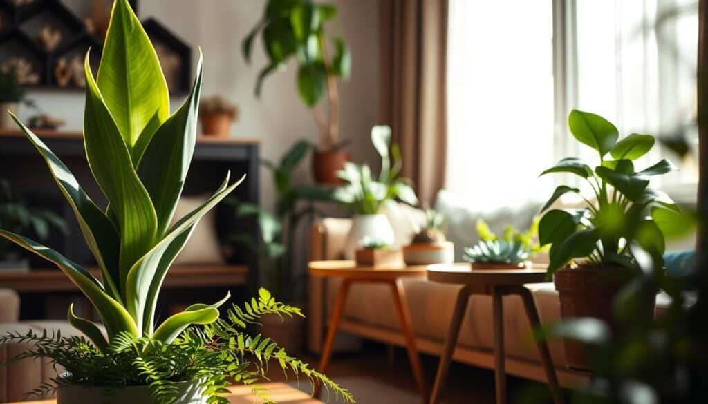 A cozy indoor scene featuring a variety of lush houseplants arranged thoughtfully in a stylish living space. In the foreground, a vibrant potted snake plant with bold, upright leaves sits beside a small fern, creating a fresh contrast. The middle section showcases a wooden side table with an elegantly styled succulent arrangement and a ceramic planter. The background reveals soft, natural light streaming through a large window, illuminating the rich textures of the wood furniture. A gentle, earthy atmosphere is conveyed through warm tones and shadows, enhanced by hints of greenery. Capture this scene with a shallow depth of field, focusing on the plants while softly blurring the background to create an inviting, serene ambiance.