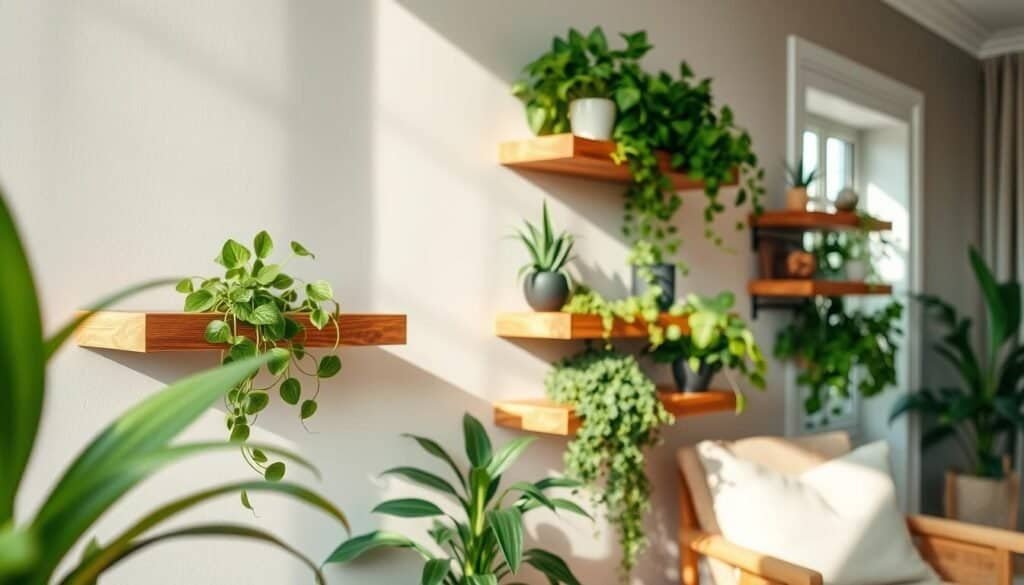 A cozy indoor setting featuring floating wooden shelves elegantly mounted against a soft, muted wall. The shelves are adorned with a variety of lush green plants, creating a vibrant contrast with the natural wood tones. In the foreground, a close-up view highlights the intricate grain and texture of the shelves, emphasizing the craftsmanship. The middle section shows the shelves at varying heights, each supporting a unique plant species, cascading down into the scene. Soft, natural lighting filters through a nearby window, casting gentle shadows and enhancing the warm ambiance. In the background, a hint of a room with soft furnishings, like a cozy chair and woven textiles, adds depth, creating a grounded and inviting atmosphere perfect for plant displays.