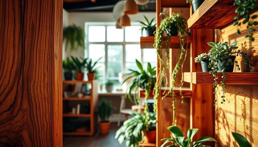 A cozy indoor space featuring beautifully crafted wooden shelves adorned with lush green plants, creating a serene, nature-inspired atmosphere. In the foreground, a close-up of the rustic wood grain of the shelves, showcasing intricate details and a warm brown hue. The middle ground highlights a variety of potted plants — succulents, ferns, and trailing vines — artfully arranged to bring life to the wood shelves. The background features a softly blurred view of a light-filled room, with natural light streaming in through a large window, casting gentle shadows and enhancing the earthy tones of the wood and greenery. The mood is inviting and tranquil, perfect for showcasing the harmonious blend of nature and craftsmanship in home décor.