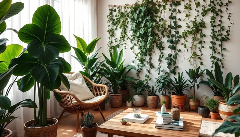 A cozy indoor space filled with lush greenery, showcasing various houseplants in elegant pots. In the foreground, a large, leafy fiddle leaf fig stands next to a stylish rattan chair adorned with soft pillows. The middle ground features a wooden coffee table scattered with small succulents and books, while a vertical garden of trailing vines fills the background, climbing a white wall. Soft, natural light filters through sheer curtains, casting gentle shadows and creating a serene atmosphere. The angle is slightly elevated to capture the entire scene with an inviting perspective. The mood is refreshing and rejuvenating, emphasizing the transformative power of plants in revitalizing any stagnant space.